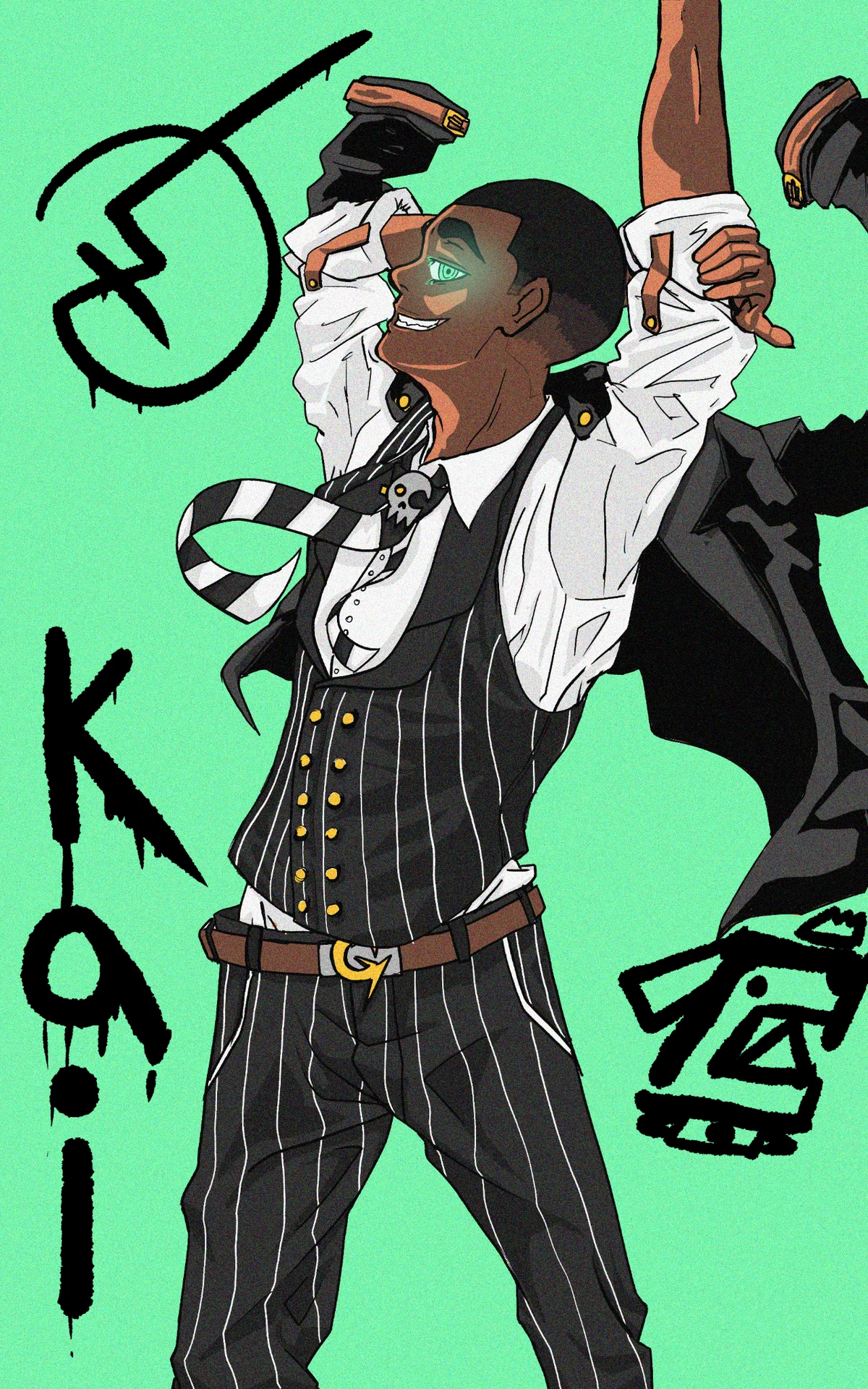 Character page illustration of Kai in a pinstriped suit, white shirt, tie, and glowing green eye